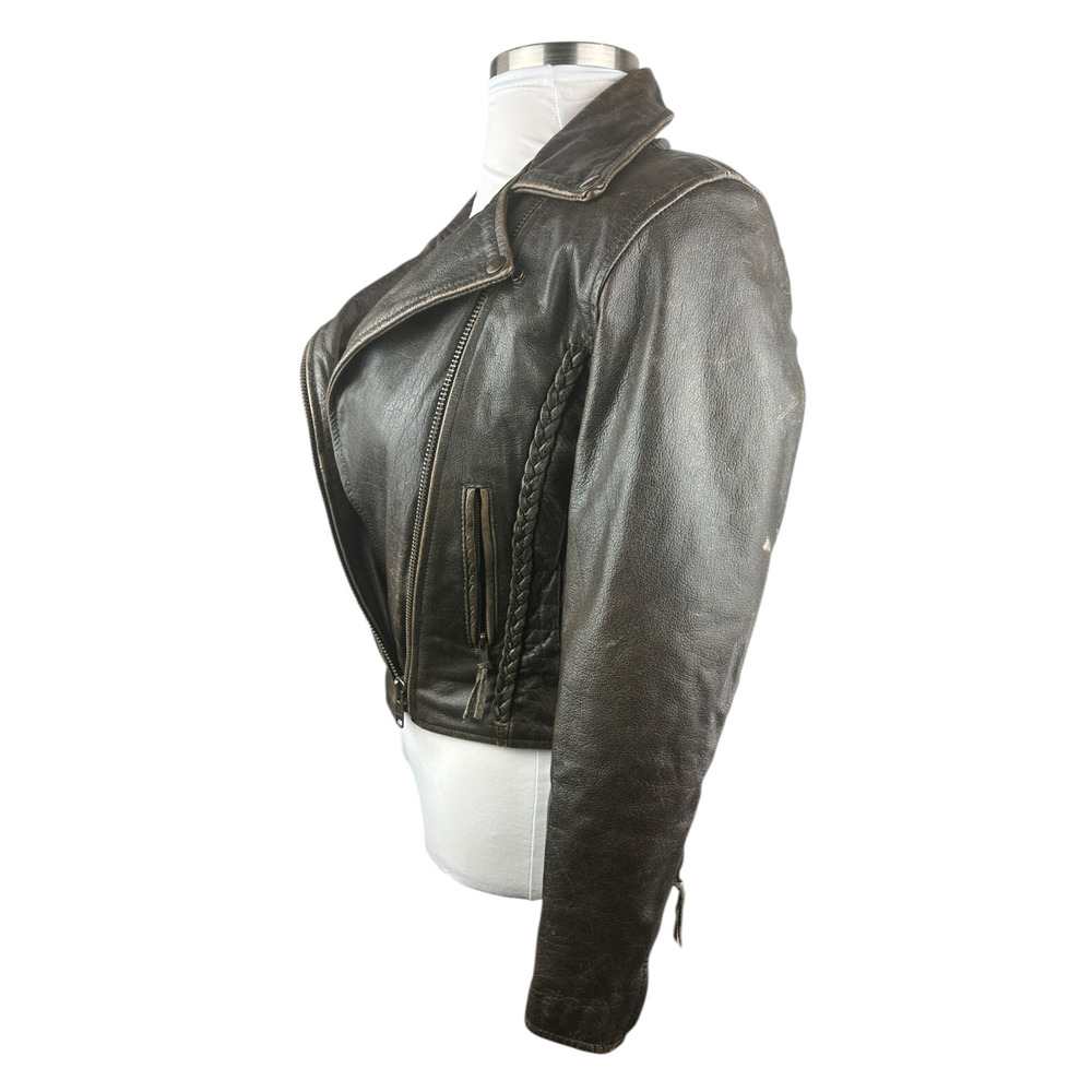 Unik Distressed Brown Leather Braided Moto Motorcycle Jacket Cross Zip Size XS - Picture 3 of 16